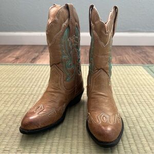 Flex West Kids Tan Western Cowboy Boots Teal Stitch Size 10